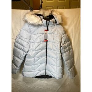 Nautica Womens Puffer Jacket Light Blue Hood Water-Resistant Pockets Lightweight